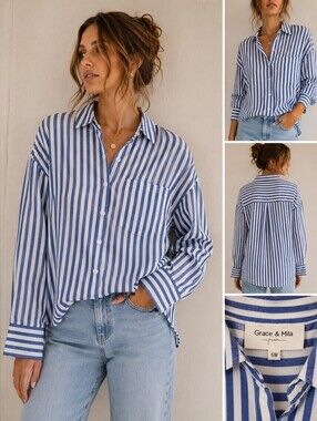 ✨️ Grace & Mila Blue & White Striped Oversized Button Down Blouse | Parisian Coa